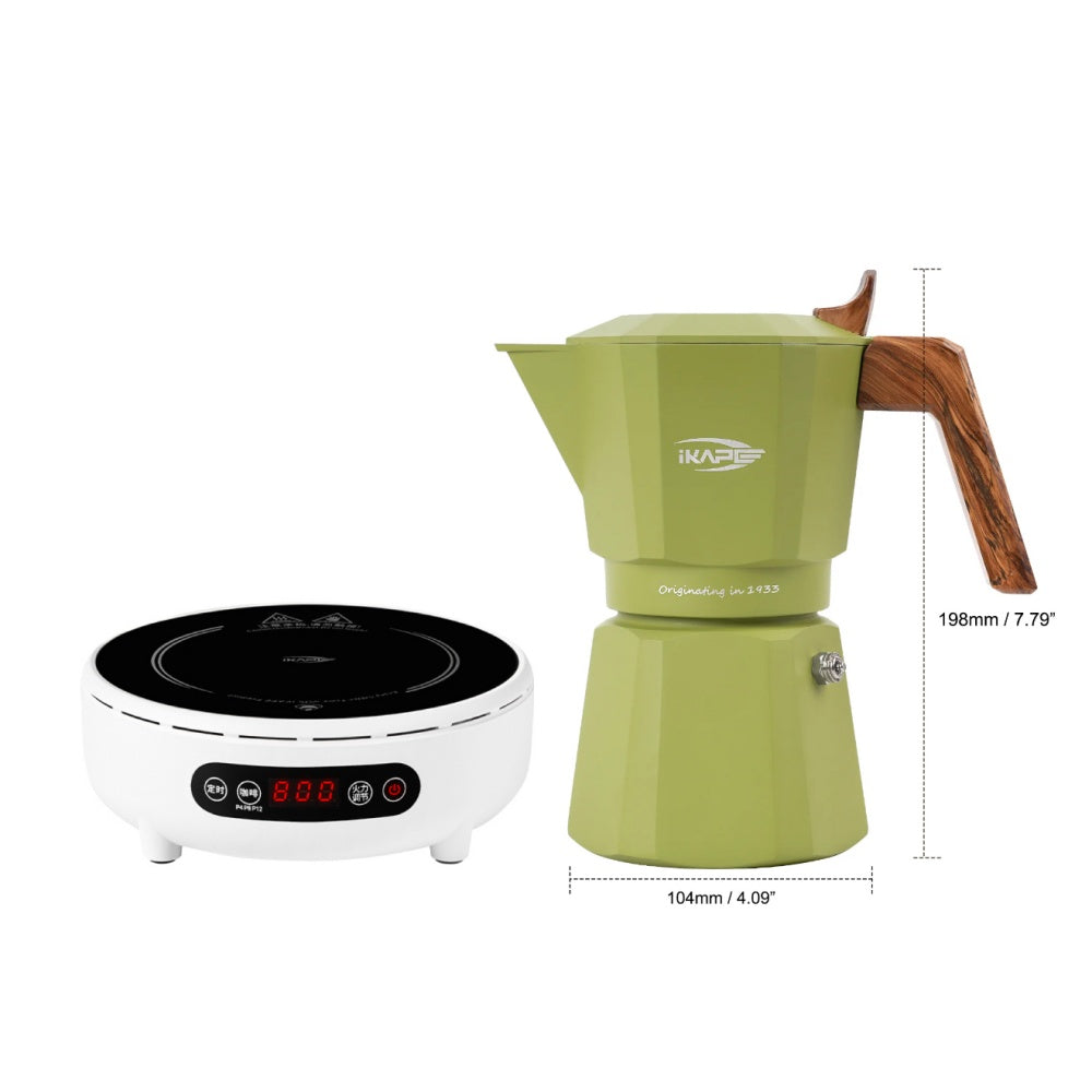 White Electric Ceramic Stove with Green Moka Pot