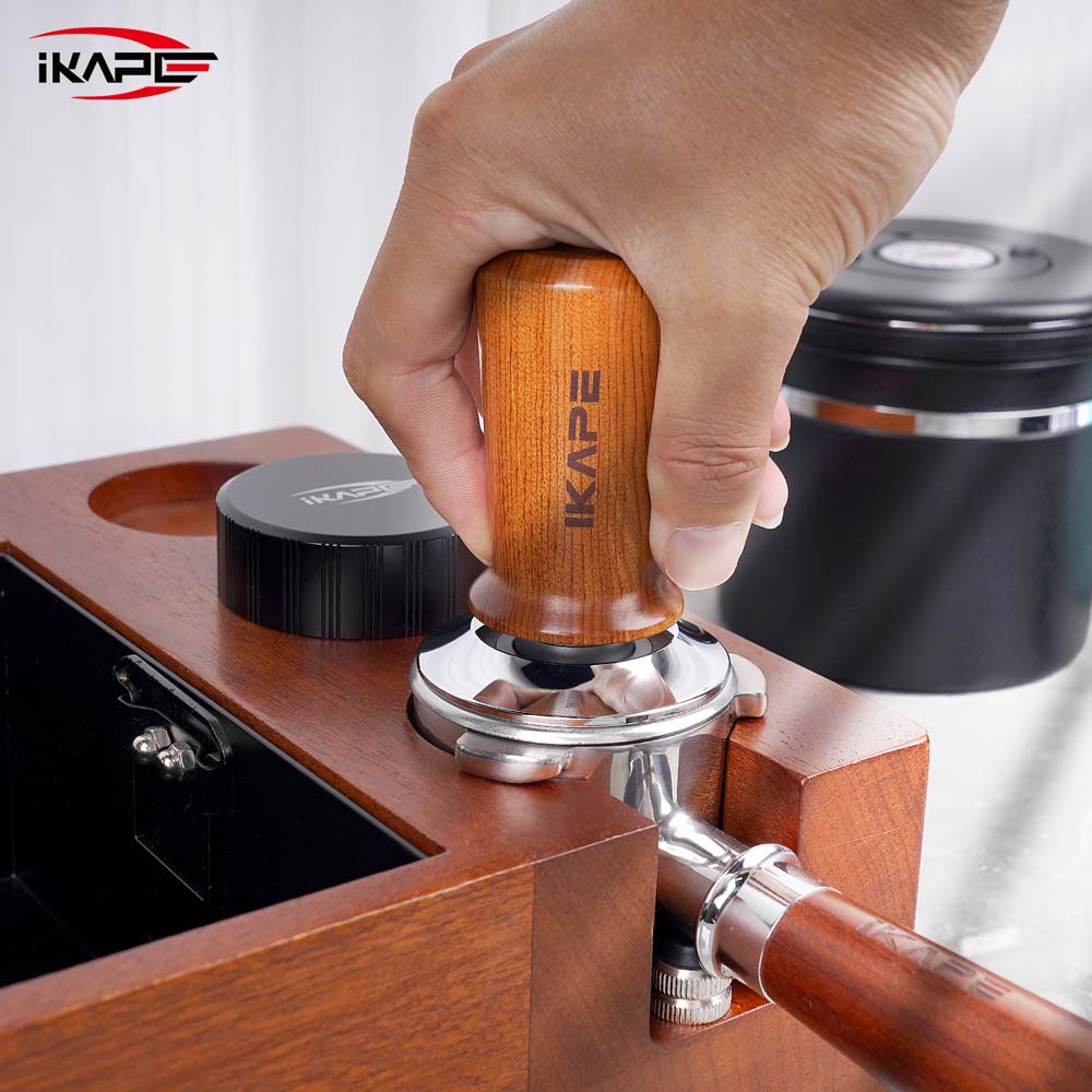 IKAPE Coffee Tamper with Wooden Handle,Spring-loaded Calibrated Tamper