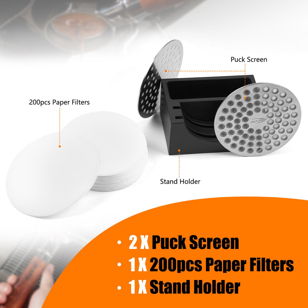 IKAPE Espresso Puck Screen Stand with 2 Ultra-thin Puck Screen, 200 pcs Paper Filters