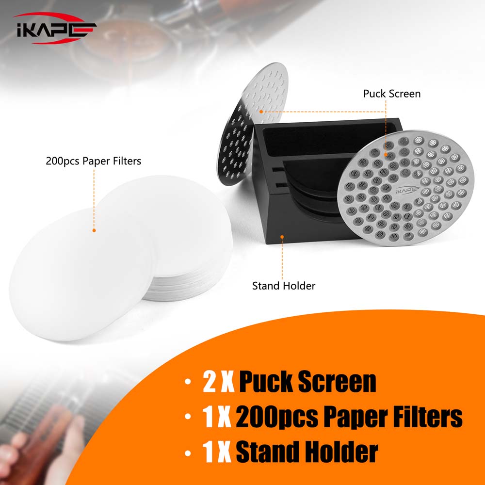 IKAPE Espresso Puck Screen Stand with 2 Ultra-thin Puck Screen, 200 pcs Paper Filters