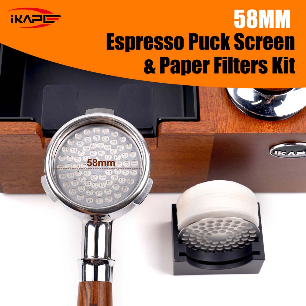 IKAPE Espresso Puck Screen Stand with 2 Ultra-thin Puck Screen, 200 pcs Paper Filters