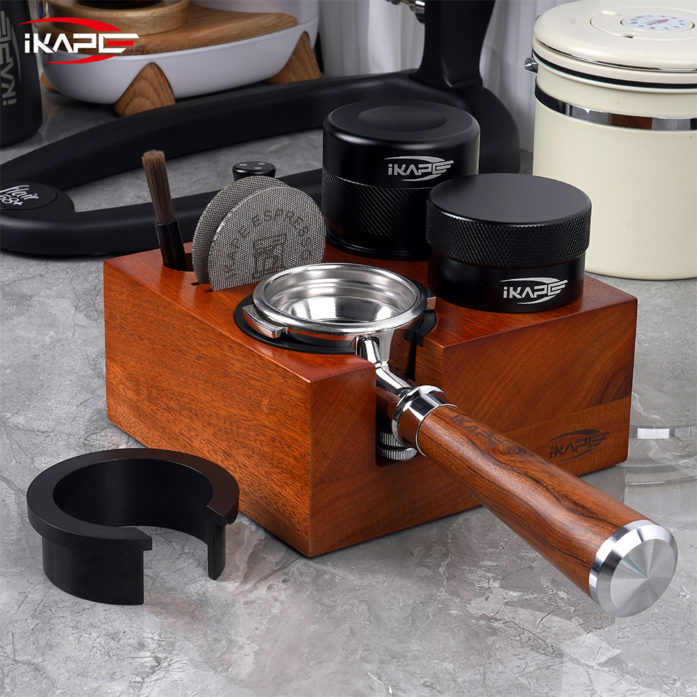 IKAPE Espresso Tamper Holder, Wooden Coffee Tamper Station Base (7 in One)