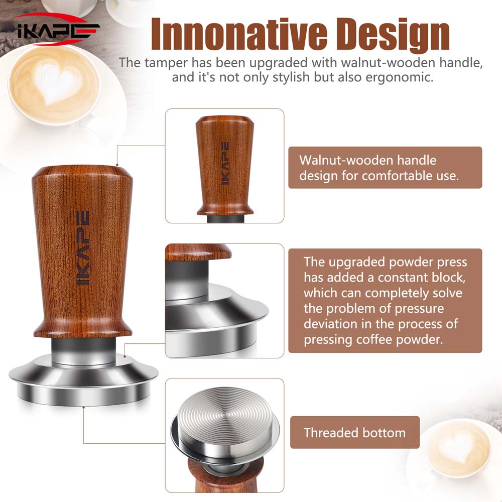 IKAPE Coffee Tamper with Wooden Handle,Spring-loaded Calibrated Tamper