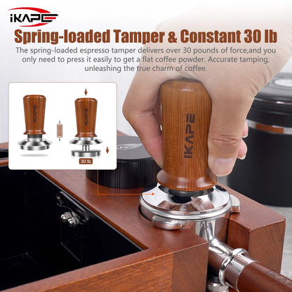 IKAPE Coffee Tamper with Wooden Handle,Spring-loaded Calibrated Tamper