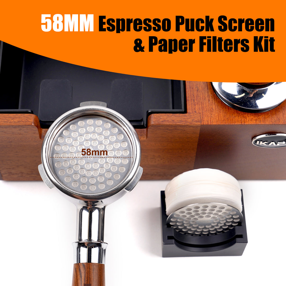 IKAPE Espresso Puck Screen Stand with 2 Ultra-thin Puck Screen, 200 pcs Paper Filters