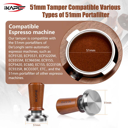 IKAPE Coffee Tamper with Wooden Handle,Spring-loaded Calibrated Tamper