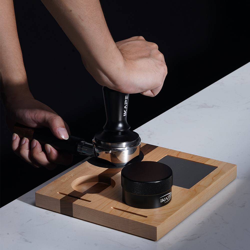 IKAPE Coffee Distributor and Tamper with Wood Base Set