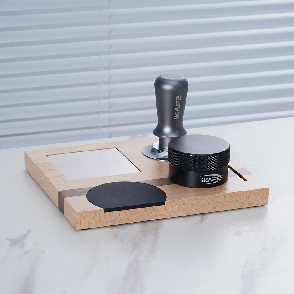 IKAPE Coffee Distributor and Tamper with Wood Base Set