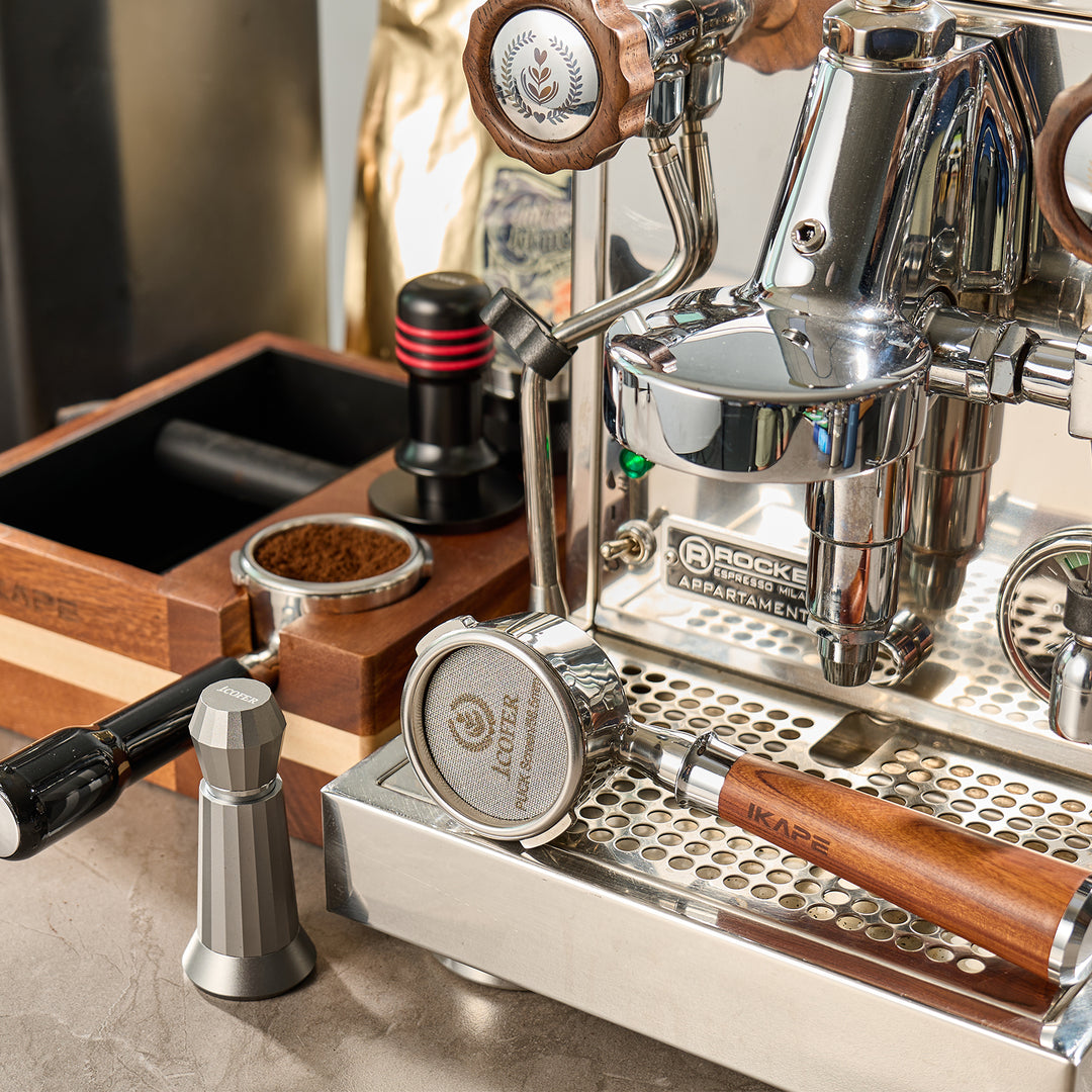 IKAPE Espresso Knock Box, 58MM Espresso Accessories Organizer Box  Compatible with All Espresso Accessories, Natural Mahogany Tamping Station  Base(4 IN One) - Kitchen Parts America